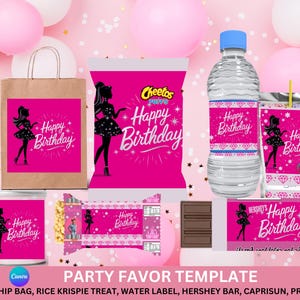 Barbie Birthday Party Favor Templates – Editable PNG for DIY Birthday Party Supplies | Gift Bag, Chip Bag, Water Labels, and More