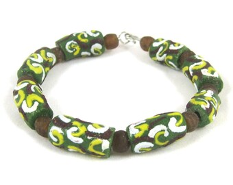 Recycled African Krobo glass bead bangle bracelet - green w/ brown, yellow, and white