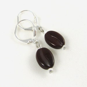 Dark brown glossy coffee bean earrings with silver plated image 1