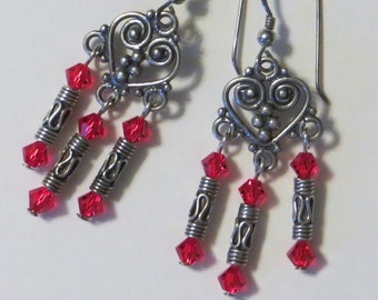 Bali-oorbellen met zilveren hartkroonluchter met Swarovski-kristallen - verschillende kleuren beschikbaar