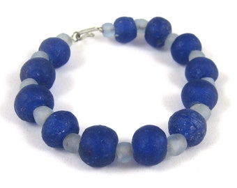 Dark and light blue recycled glass bead bangle bracelet