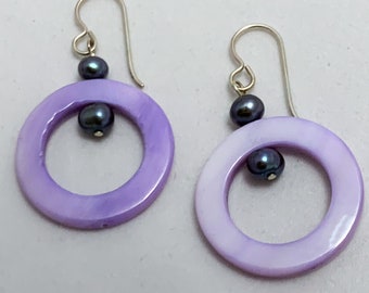 Shiny lavender shell dangles with Tahitian black freshwater pearls and sterling silver
