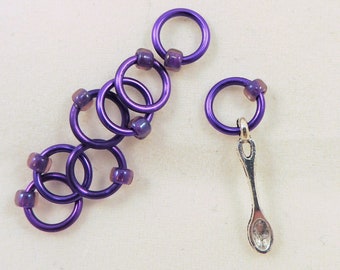 8 spoon stitch markers for knitting - purple ring style stitch markers with 1 spoon charm - fit up to size US 6 needles