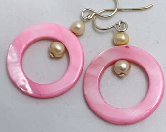 Shiny pink shell dangles with freshwater pearls and sterling silver