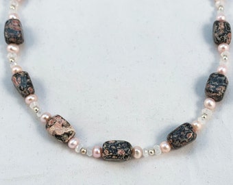 Mexican pink leopard jasper, rainbow moonstone, and freshwater pearl beaded necklace