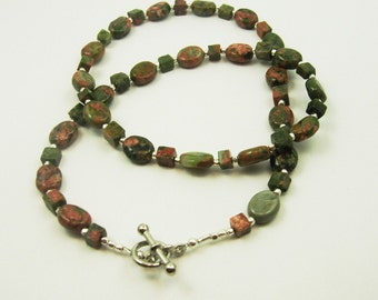 Unakite and sterling silver beaded necklace