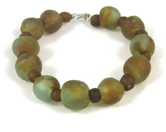 Brown and green recycled glass bead bangle bracelet