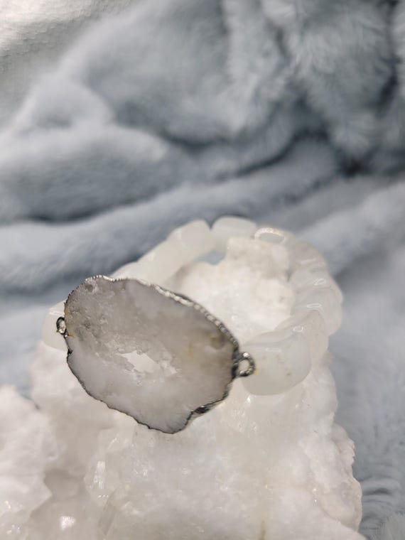 Energetically HEALING quartz rectangle tube beads complimenting silver plated druzy quartz focalpiece stretch stacking bracelet