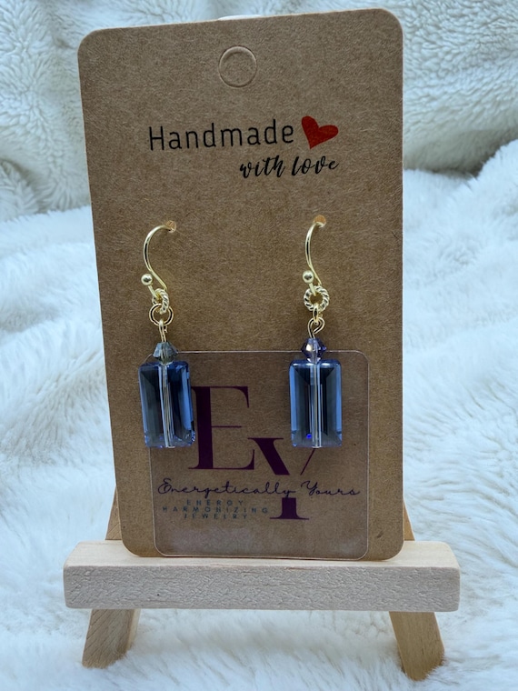 Energetically CALMING blue faceted Austrian crystal and Swarovski crystal bead gold hook dangle earrings