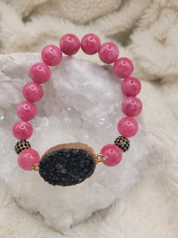 Energetically LOVING pink jade beads complimenting gold plated druzy black agate focalpiece stretch stacking bracelet