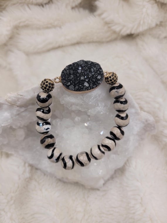 Energetically GROUNDING faceted agate beads complimenting gold plated druzy black agate focalpiece stretch stacking bracelet