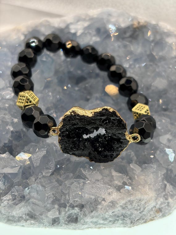 Energetically GROUNDING diamond cut onyx beads complimenting gold plated druzy black agate geode slice focalpiece stretch stacking bracelet
