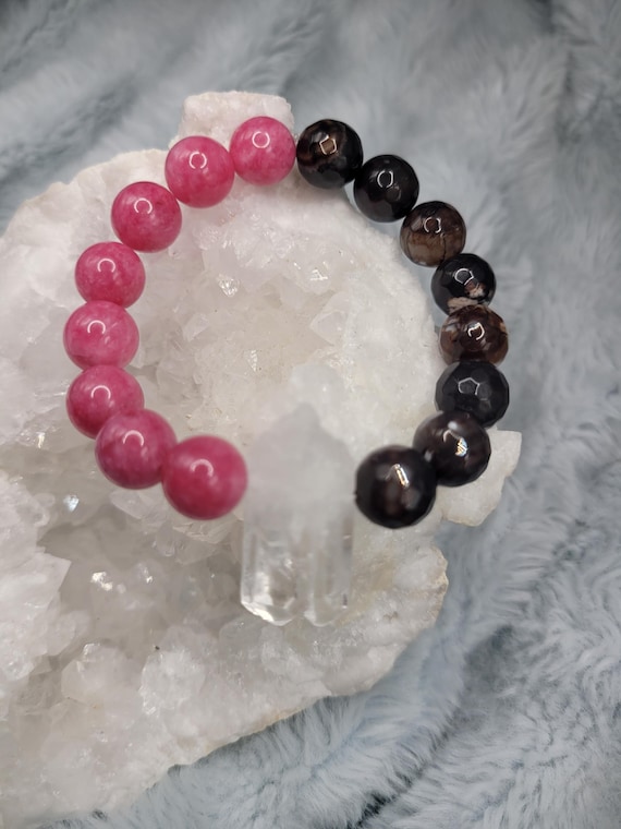 Energetically LOVING faceted coffee fire agate and pink jade beads paired with quartz point stretch, stacking bracelet