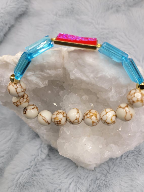 Energetically HEALING copper spun howlite beads with gold plated pink druzy focalpiece stretch stacking bracelet