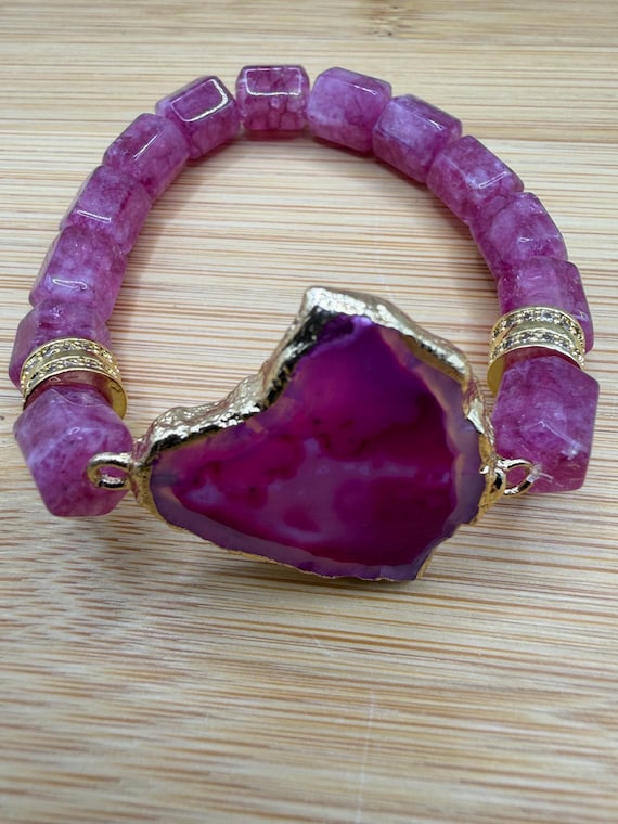 Energetically LOVING pink Jade box cut cube gemstone beads paired with gold plated agate slice focalpiece stretch stacking bracelet