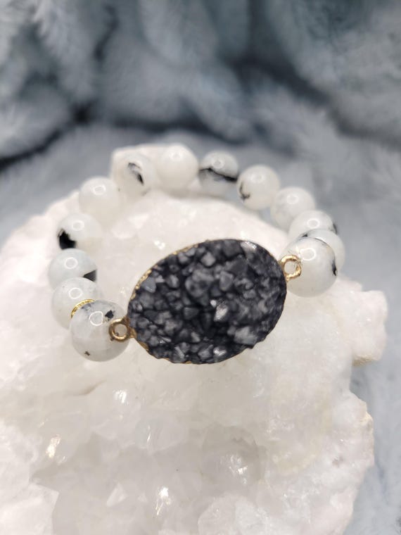 Energetically PROTECTING rainbow moonstonr beads complimenting gold plated druzy black agate focalpiece stretch stacking bracelet