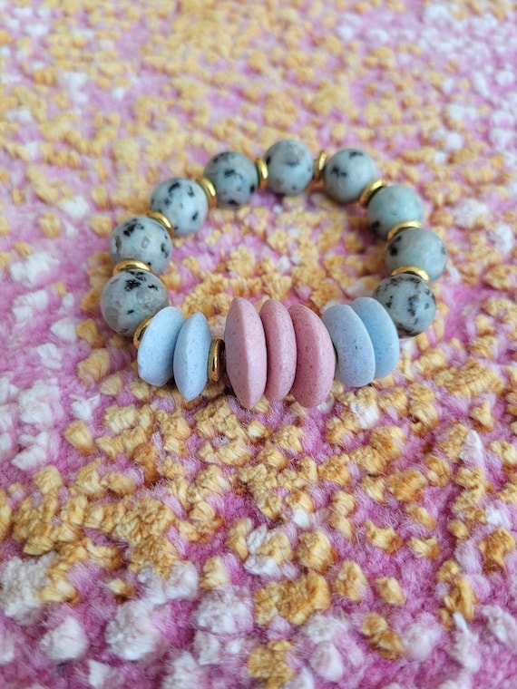 Energetically GROUNDING kiwi/sesame jasper beads with pale blue and pink ashanti saucer beads stretch stacking bracelet