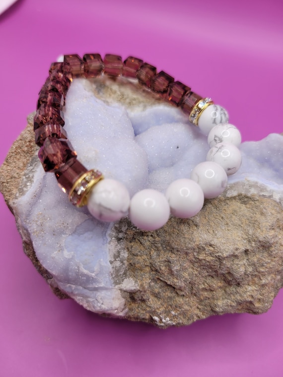 Energetically GROUNDING White Howlite beads paired with royal purple crystal cube beads bracelet
