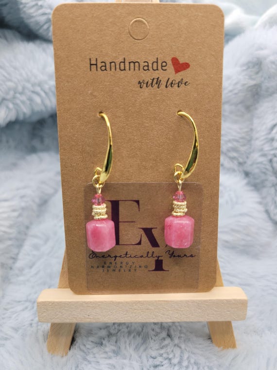 Energetically HARMONIZING pink Jade and faceted Swarovski crystal bead gold hook dangle earrings