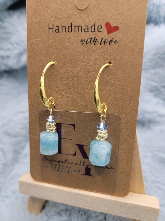Energetically SOOTHING light blue Jade and faceted Swarovski crystal bead gold hook dangle earrings