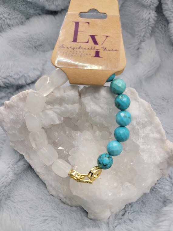 Energetically EMPOWERING faceted turquoise and quartz rectangle tube beads complimenting gold focal bead stretch, stacking bracelet