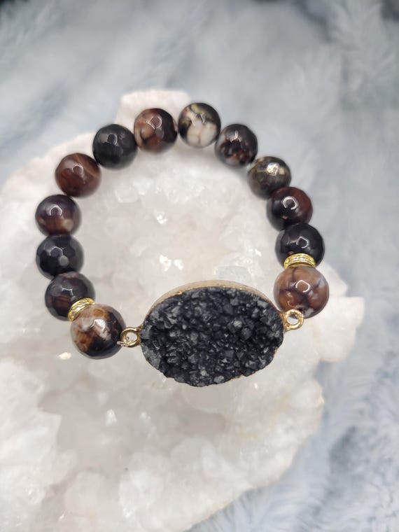 Energetically IGNITING faceted coffee fire agate beads complimenting gold plated druzy black agate focalpiece stretch stacking bracelet