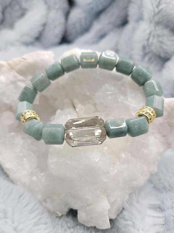 Energetically ENCHANTING Burmese Jade box cut cube natural gemstone beads with champagne faceted crystal focalbead stretch stacking bracelet