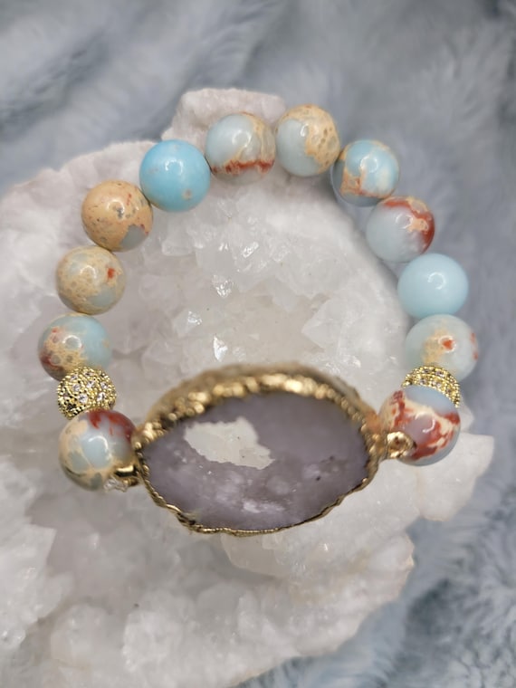 Energetically CALMING aqua terra jasper beads complimenting gold plated druzy quartz focalpiece stretch stacking bracelet