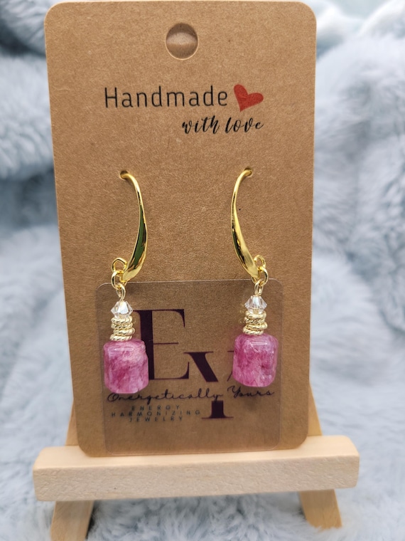 Energetically LOVING pink Jade and faceted Swarovski crystal bead gold hook dangle earrings
