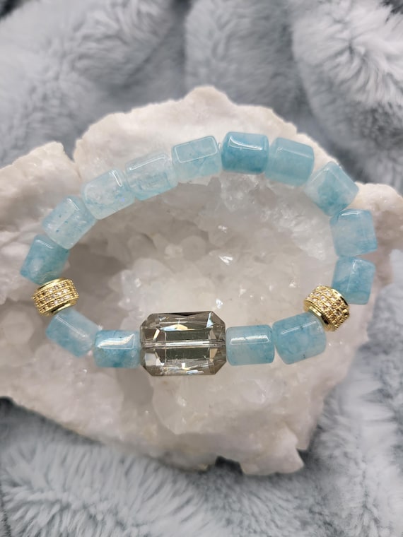 Energetically CALMING light blue Jade box cut cube natural gemstone beads with grey faceted crystal focal bead stretch stacking bracelet