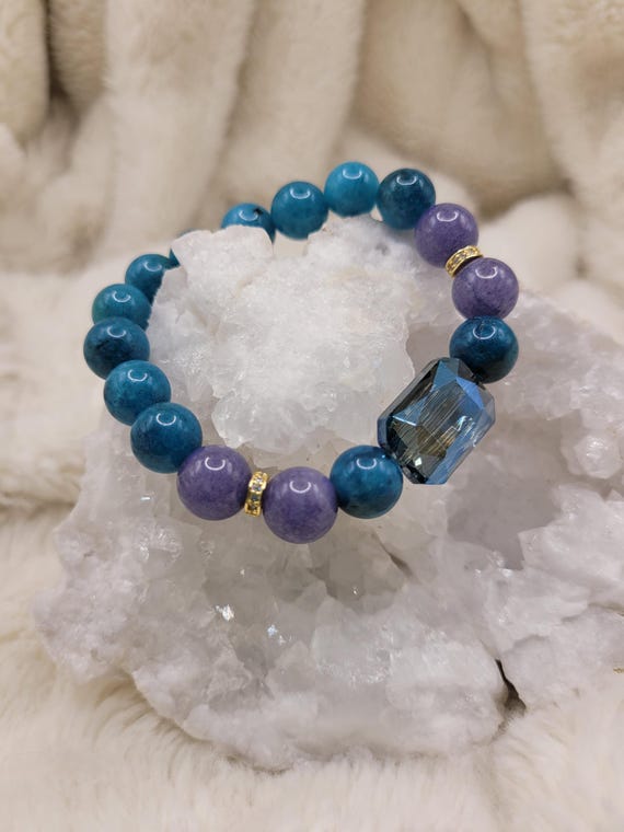 Energetically ELEVATING blue apatite and purple chalcedony beads complimenting blue faceted crystal focal bead stretch stacking bracelet