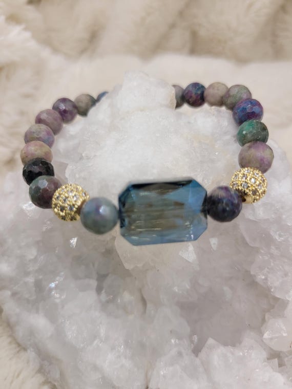 Energetically BALANCING faceted ruby in fuchsite beads with blue faceted crystal focal bead stretch bracelet