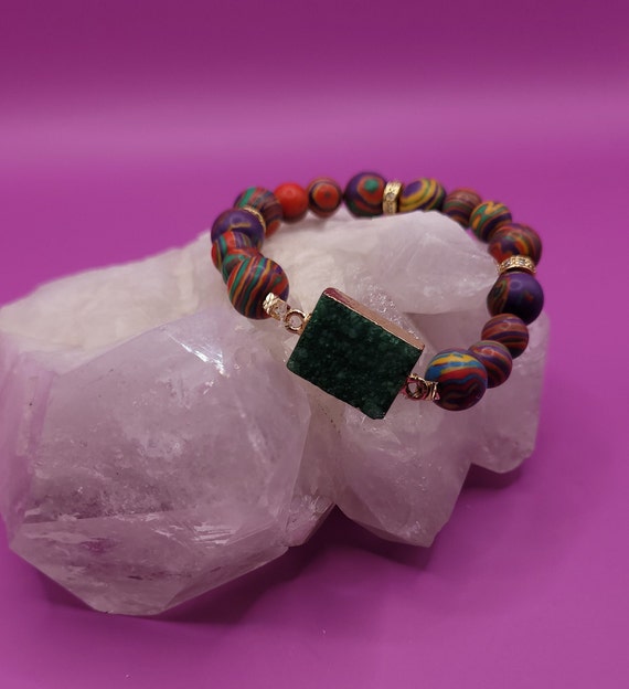 Energetically INSPIRING colorful malachite stone with a green druzy agate stone centerpiece bracelet