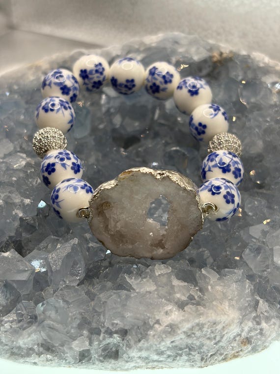 Energetically CALMING painted ceramic  beads complimenting silver plated druzy quartz geode slice focalpiece stretch stacking bracelet