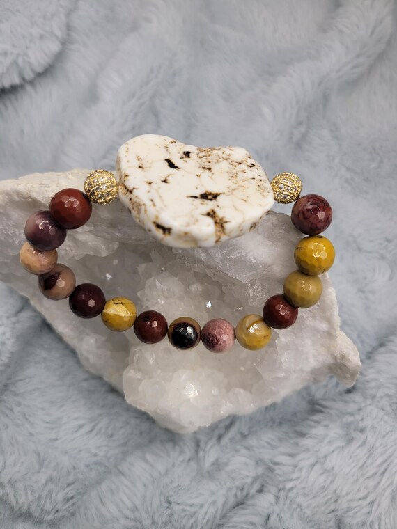 Energetically REGENERATING faceted mookaite beads complimenting gold plated lava bead stretch, stacking bracelet