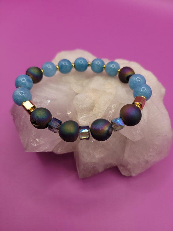 Energetically UPLIFTING color plated fancy druzy agate and blue chalcedony gemstones with faceted cube crystal, and gold accent bracelet