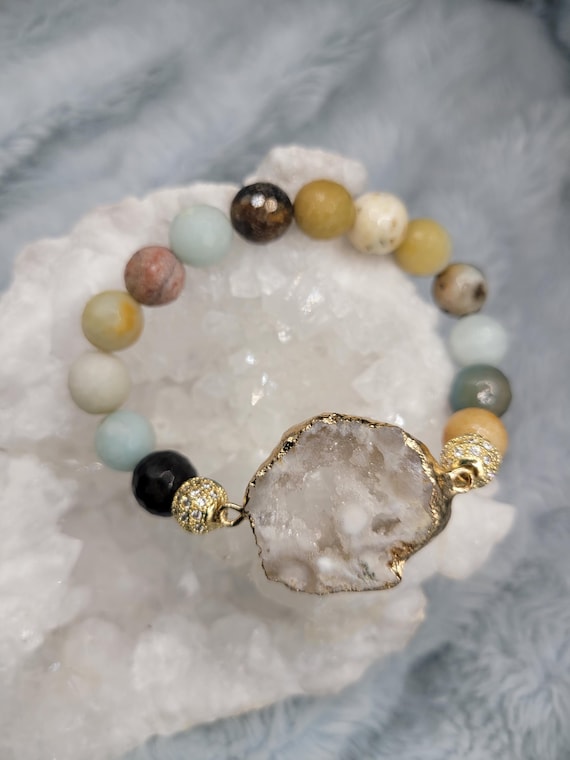 Energetically SOOTHING faceted amazonite beads complimenting gold plated druzy quartz focalpiece stretch stacking bracelet