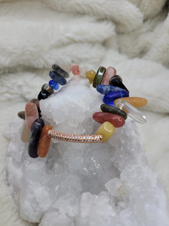 Energetically ELEVATING mutli colors gemstone point beads gracing 14k rose gold rhinestone noodle bead stacking stretch bracelet.