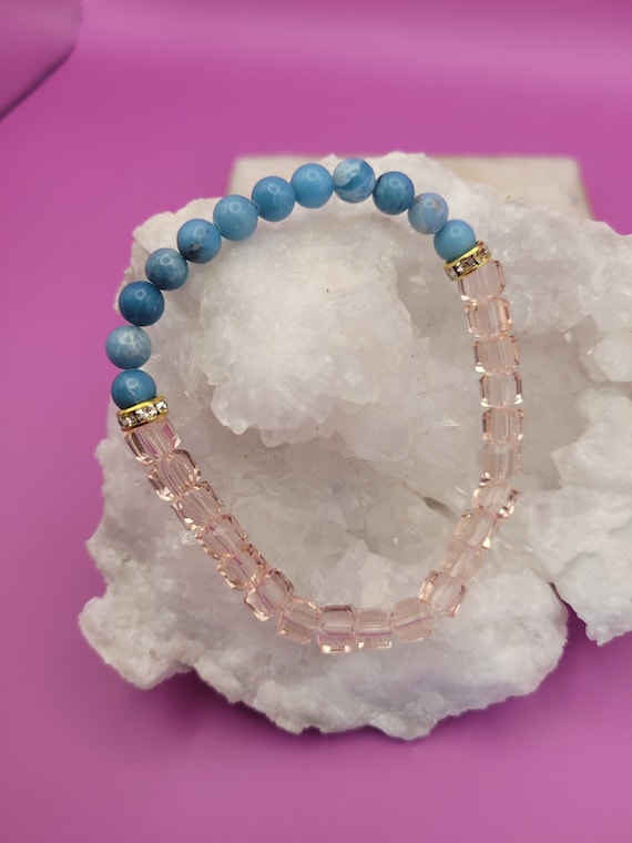 Energetically CALMING Larimar natural gemstone and pretty pink crystal cube beads bracelet.
