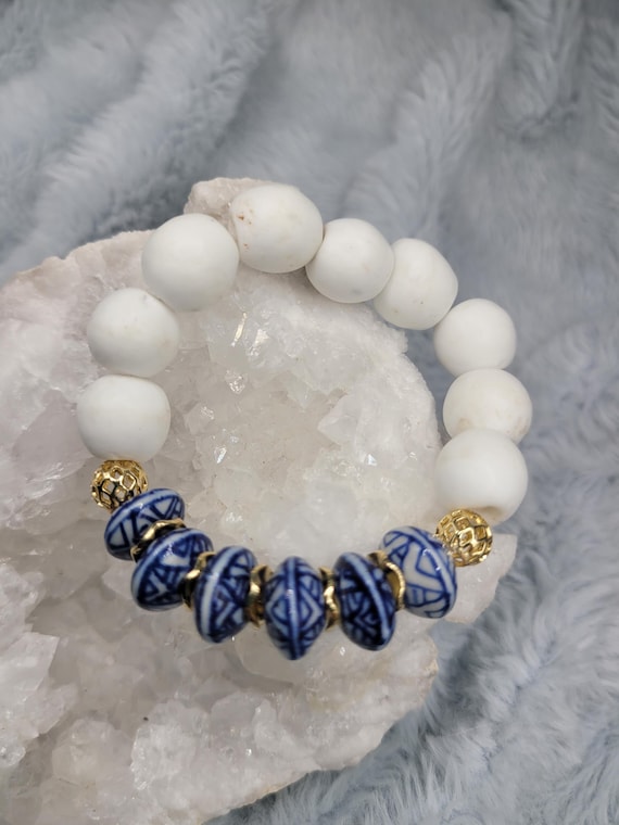 Energetically CLEANSING chinoserie saucer and white sand cast beads paired with sandcast pink saucer beads stretch, stacking bracelet.