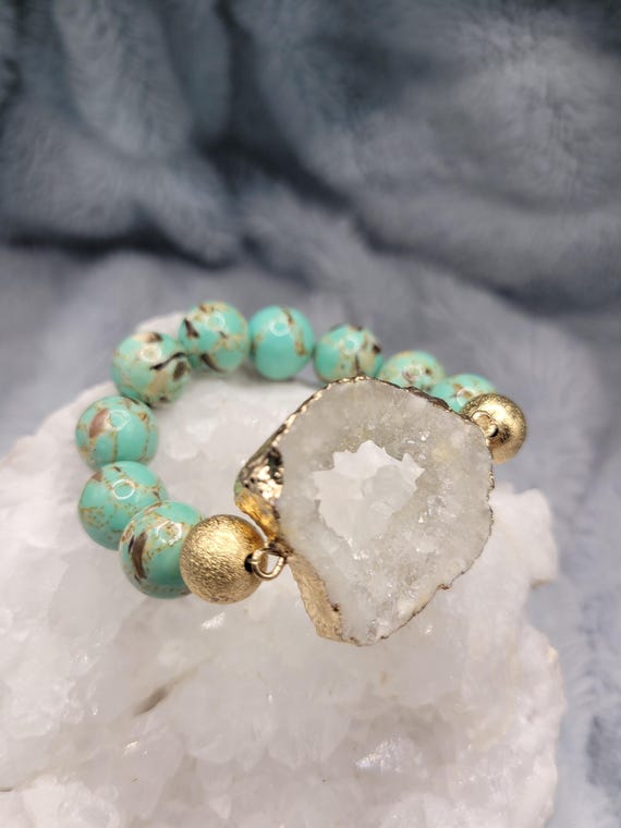 Energetically ELEVATING peacock blue turquoise beads complimenting gold plated druzy quartz focalpiece stretch stacking bracelet