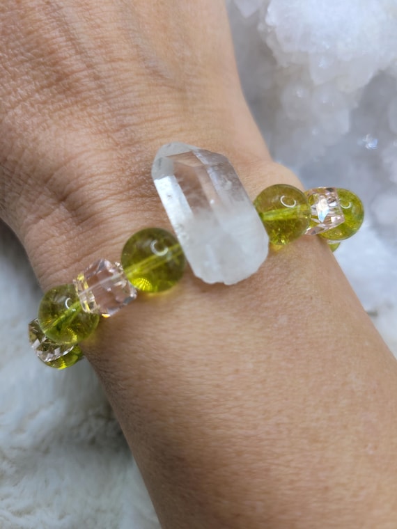 Energetically HEALING peridot and quartz point stretch stacking bracelet