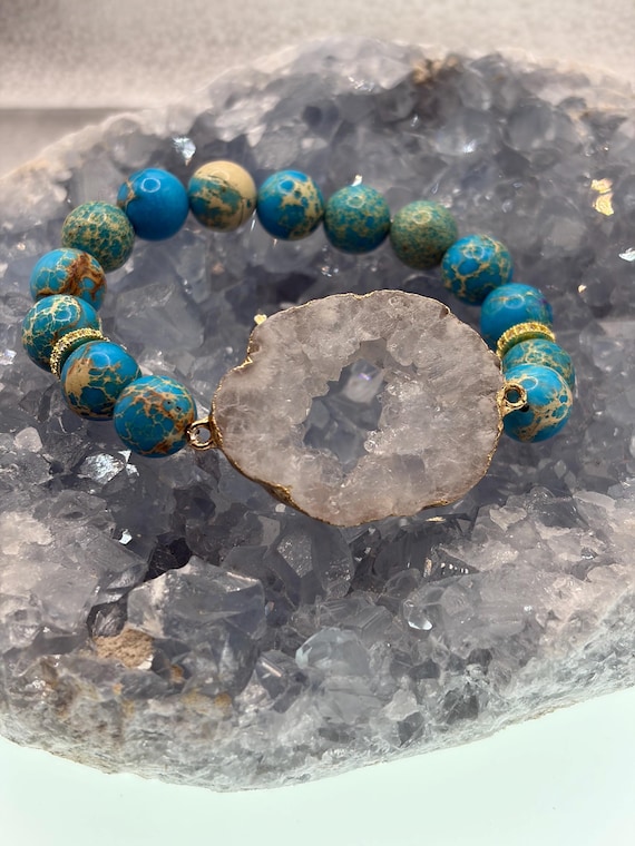 Energetically CALMING blue sea sediment jasper beads accenting gold plated druzy quartz geode slice focalpiece stretch stacking bracelet