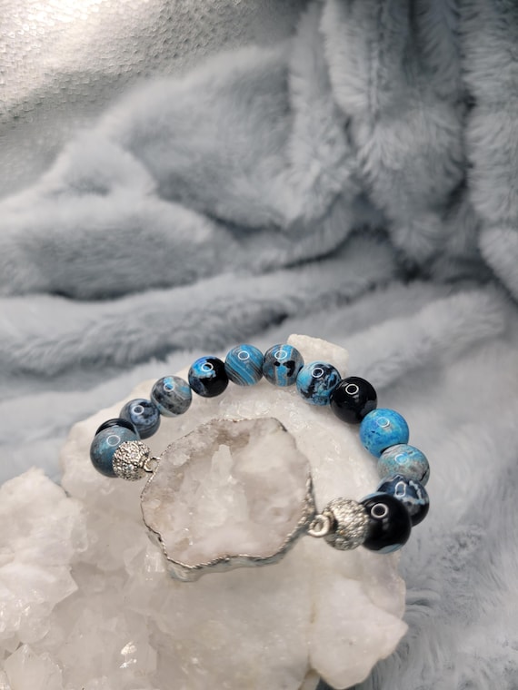 Energetically GROUNDING jasper beads complimenting silver plated druzy quartz focalpiece stretch stacking bracelet