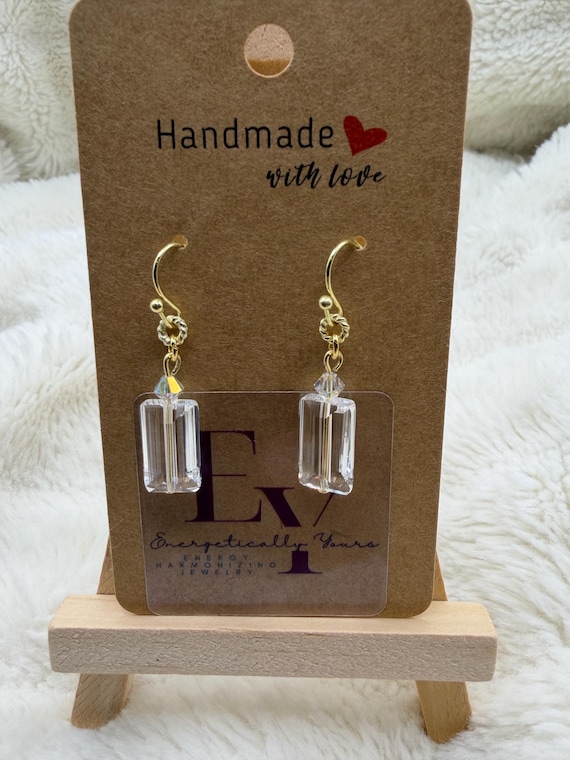 Energetically HEALING clear faceted Austrian crystal and Swarovski crystal bead gold hook dangle earrings