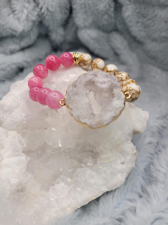 Energetically LOVING pink tourmaline and copper spun howlite beads paired gold plated druzy quartz focalpiece stretch stacking bracelet
