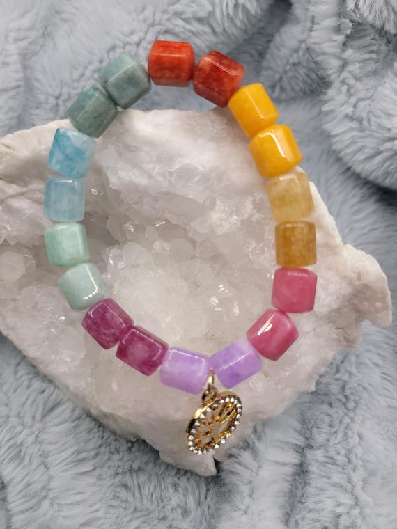 Energetically UPLIFTING natural multicolored gemstone Jade beads complimenting gold plated pink cz paved tree of life stretch stack bracelet