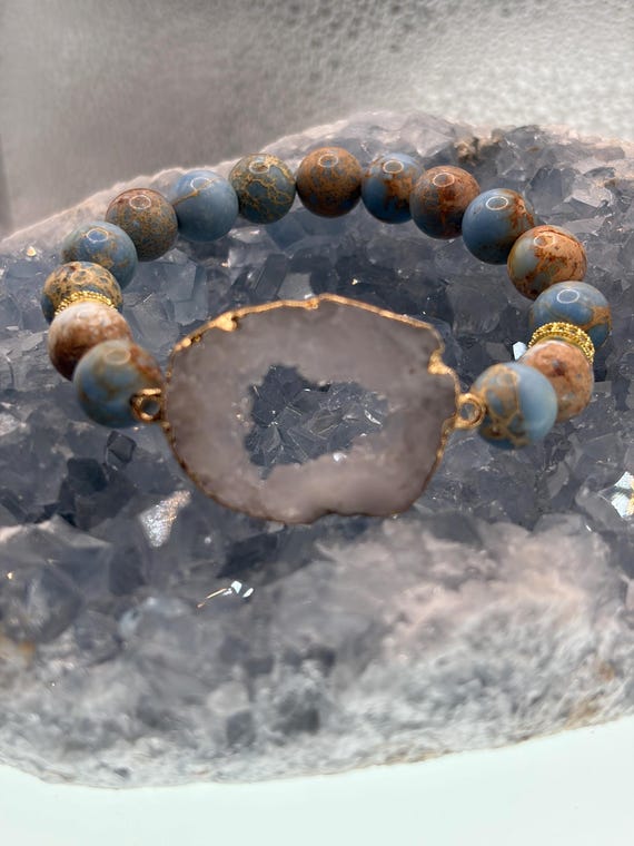 Energetically CALMING blue sea sediment jasper beads accenting gold plated druzy quartz geode slice focalpiece stretch stacking bracelet