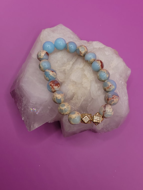 Energetically SERENE blue sky jasper gemstone bead accented diamond cut rhinestone cube bead bracelet