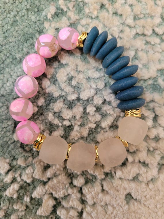 Energetically ELEVATING pink faceted striped agate beads with teal ashanti and clear round glass beads stretch, stacking bracelet